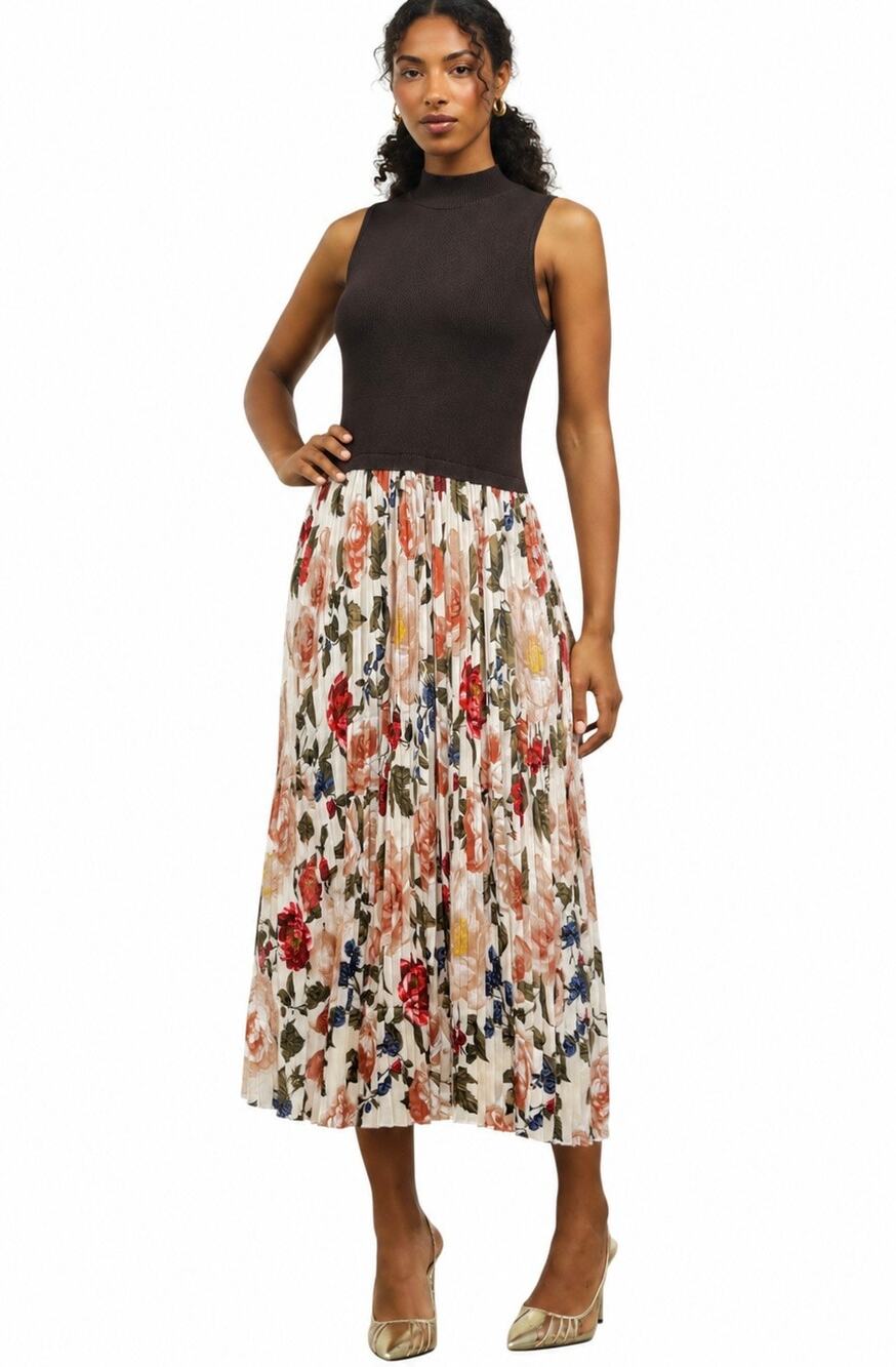 Skies Are Blue Kerri Floral Pleated Mixed Media Sleeveless Midi Dress Large NWT